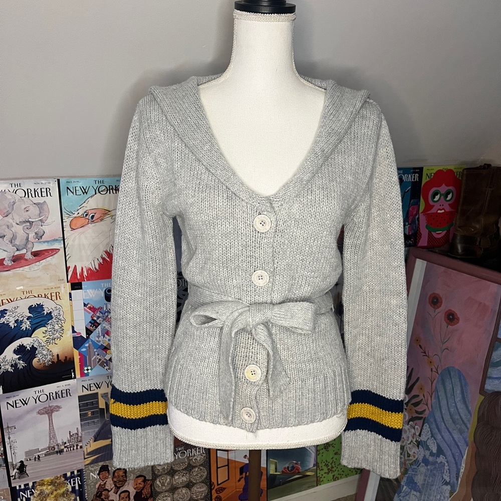 U.S. Polo Assn. Light Gray Nautical Belted Sweater with Stripe Cuffs